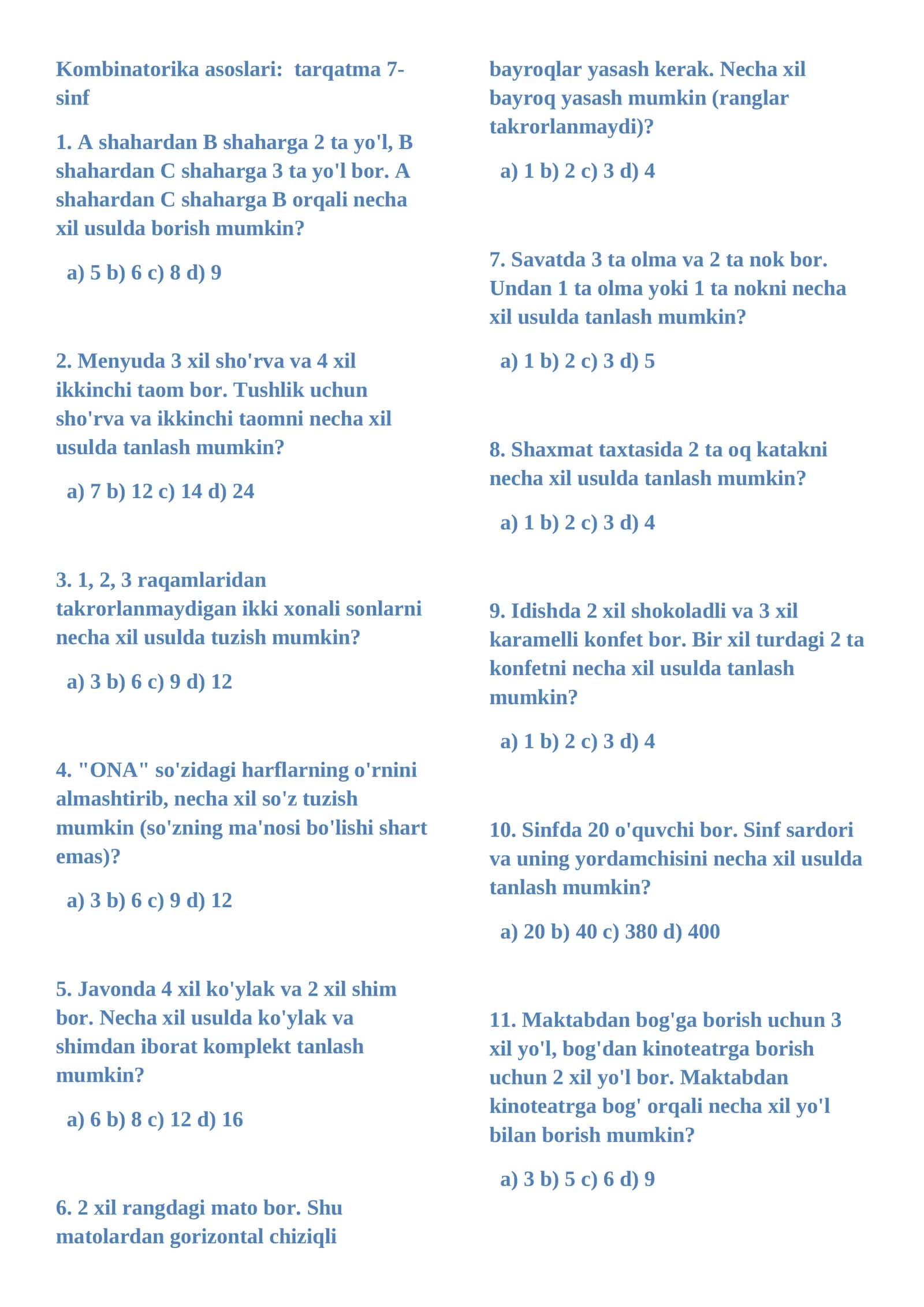 Kombinatorika asoslari: tarqatma 7-sinf