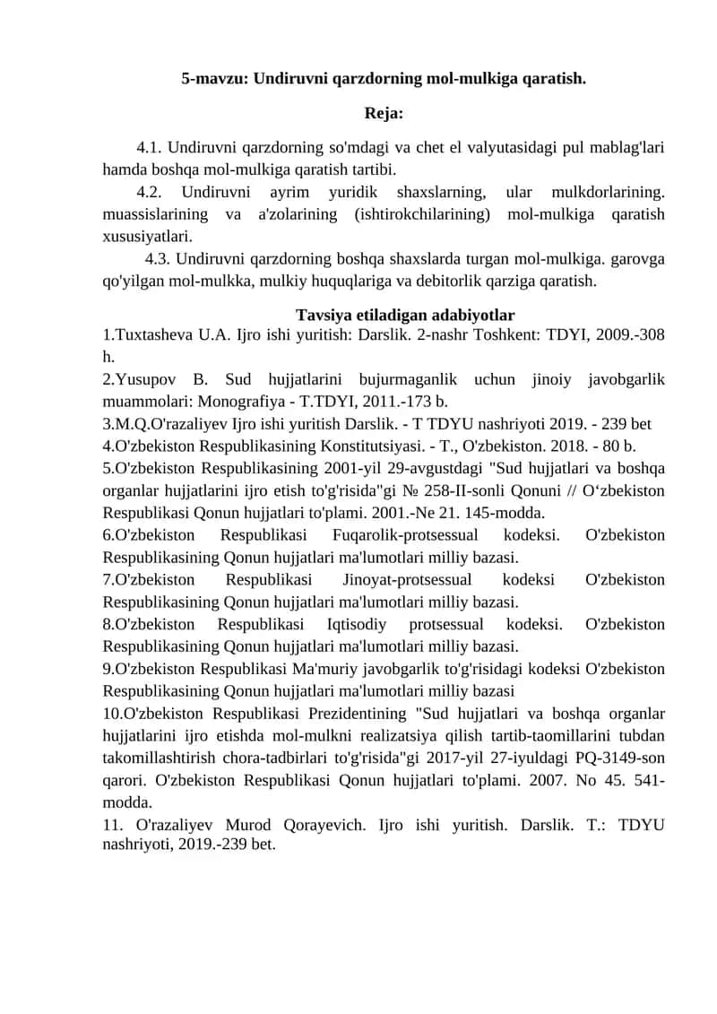 Undiruvni qarzdorning mol-mulkiga qaratish