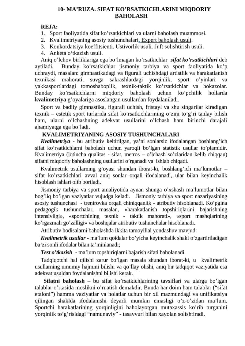 Sifat ko’rsatkichlarini miqdoriy baholash