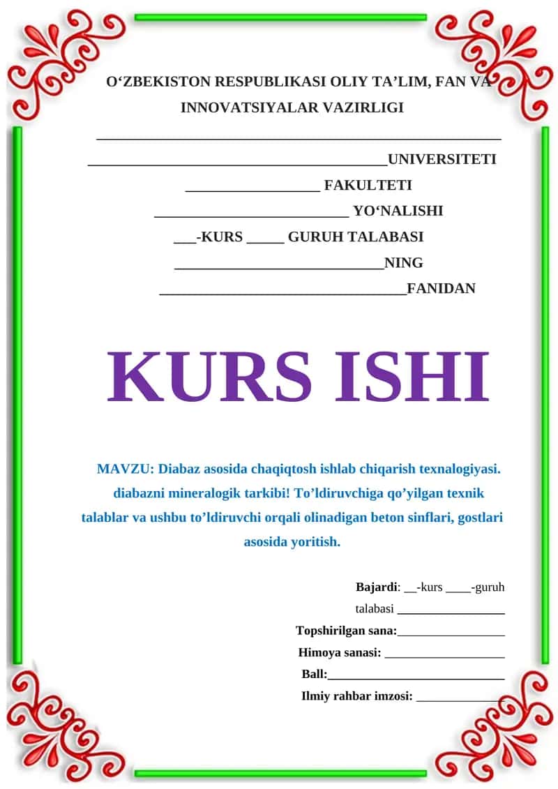 kurs ishi. Diabaz asosida chaqiqtosh ishlab chiqarish texnalogiyasi. diabazni mineralogik tarkibi! To’ldiruvchiga qo’yilgan texnik talablar va ushbu to’ldiruvchi orqali olinadigan beton sinflari, gostlari asosida