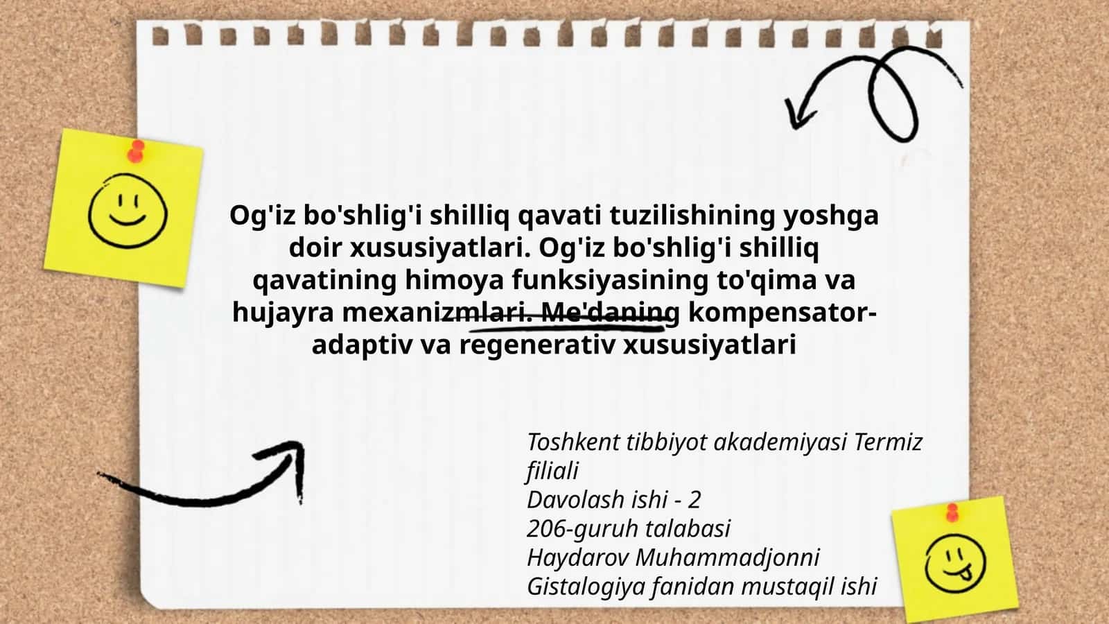Og'iz bo'shlig'i shilliq qavati tuzilishining yoshga doir xususiyatlari. Og'iz bo'shlig'i shilliq qavatining himoya funksiyasining to'qima va hujayra mexanizmlari. Me'daning kompensator-adaptiv va regenerativ xususiyatlari