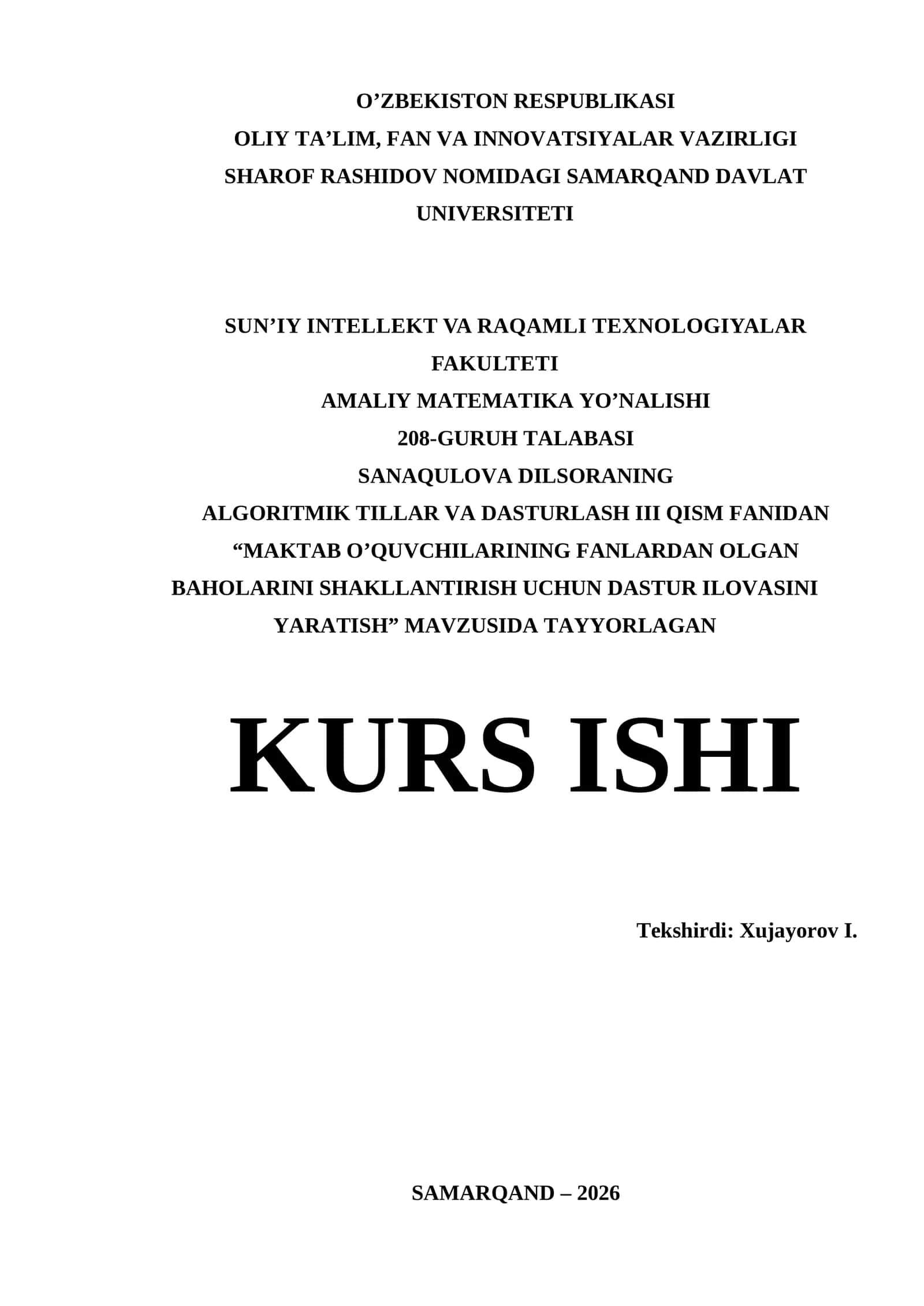 Visaul Studio muhitida dasturlash | Kurs ishi - MAKTAB O’QUVCHILARINING FANLARDAN OLGAN BAHOLARINI SHAKLLANTIRISH UCHUN DASTUR ILOVASINI YARATISH