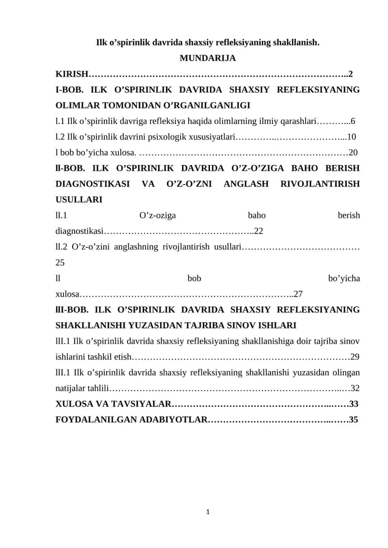 Ilk o’spirinlik davrida shaxsiy refleksiyaning shakllanishi