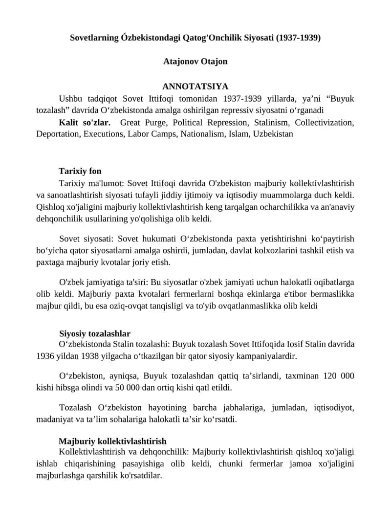 Sovetlarning Ózbekistondagi Qatog'Onchilik Siyosati (1937-1939)