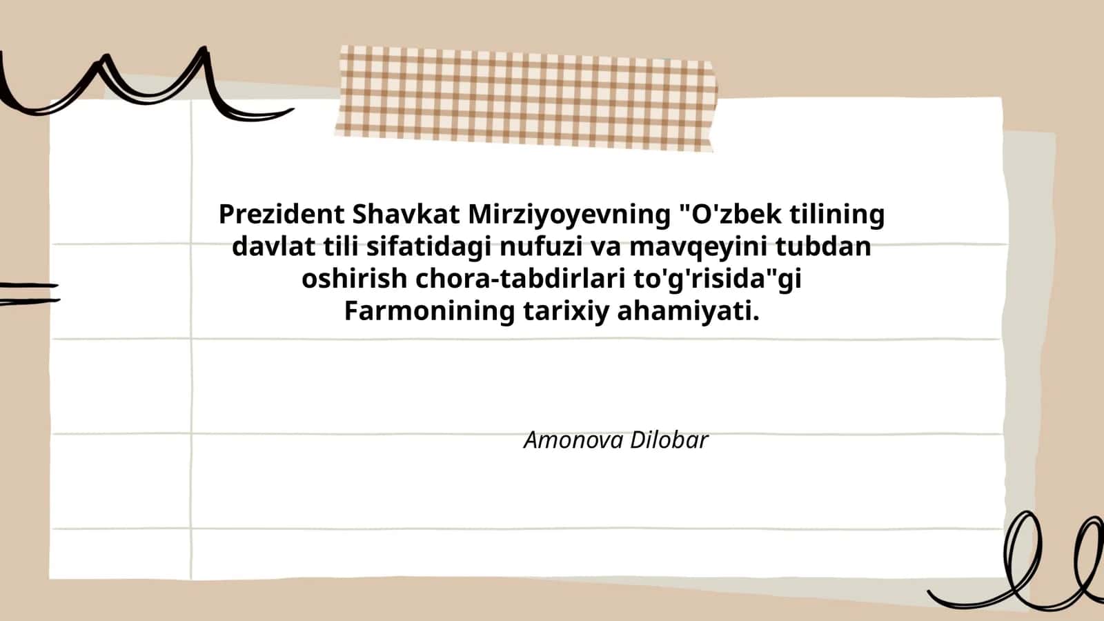 O'zbek tilining davlat tili sifatidagi nufuzi va mavqeyini tubdan oshirish chora-tabdirlari to'g'risida