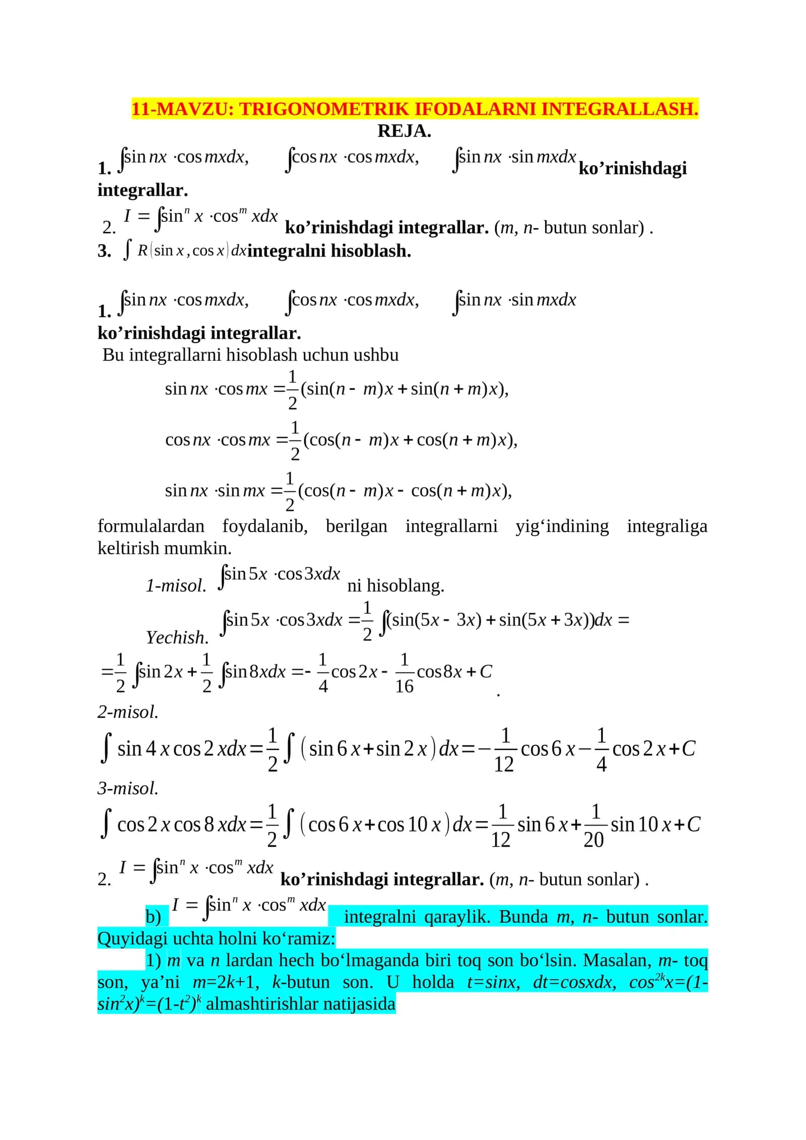 TRIGONOMETRIK IFODALARNI INTEGRALLASH