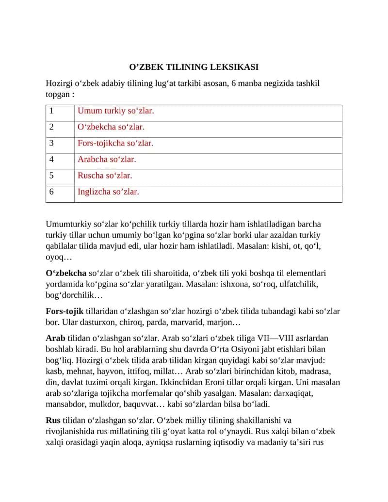 O’ZBEK TILINING LEKSIKASI