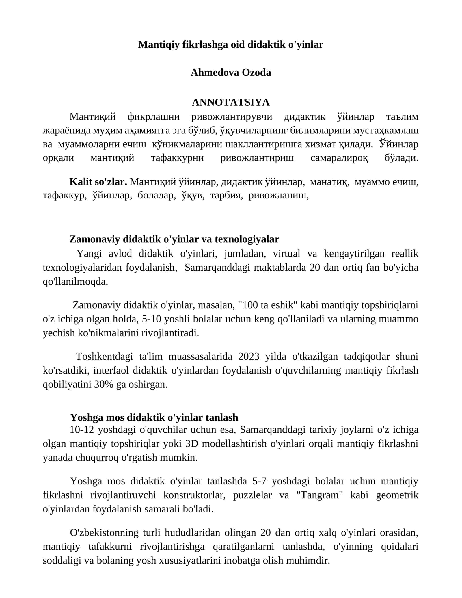 Mantiqiy fikrlashga oid didaktik o'yinlar