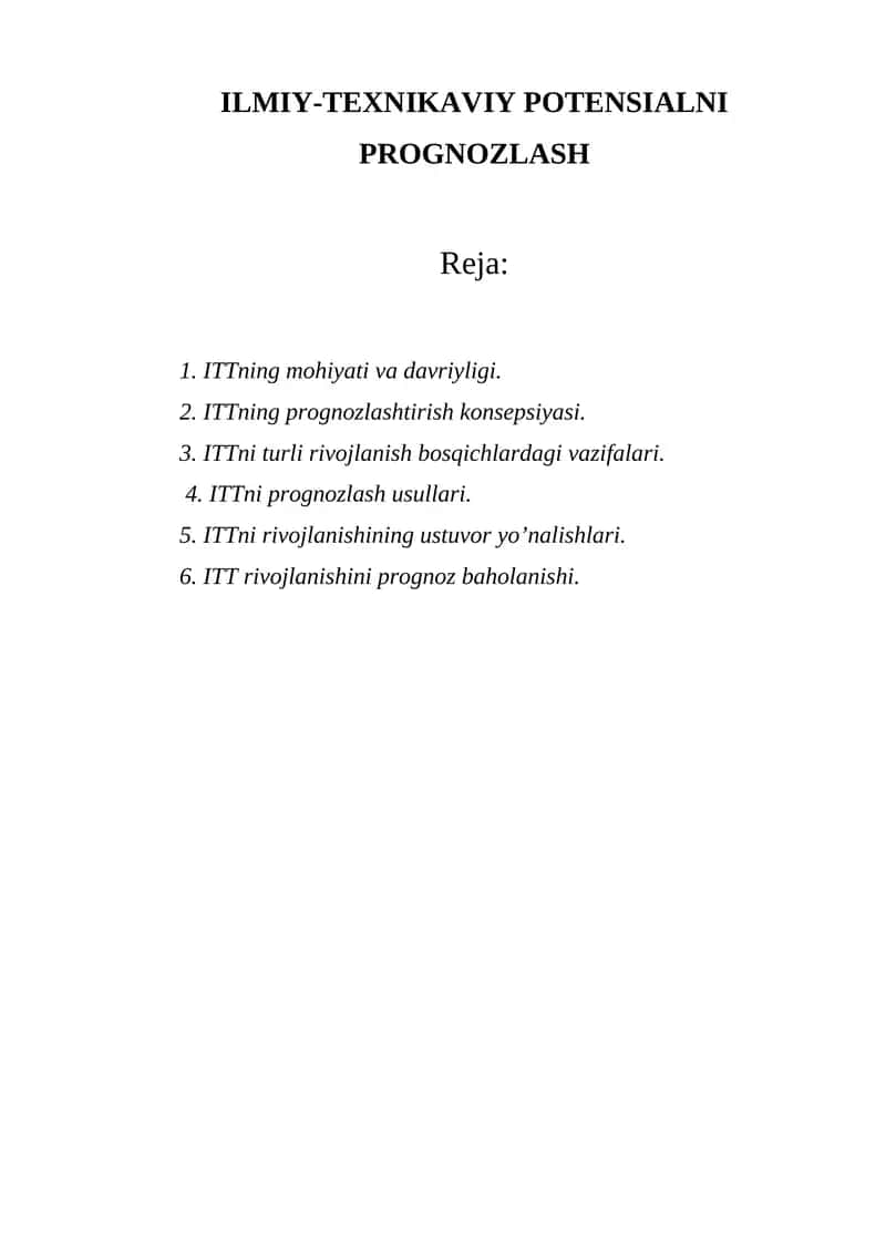 ILMIY-TEXNIKAVIY POTENSIALNI PROGNOZLASH
