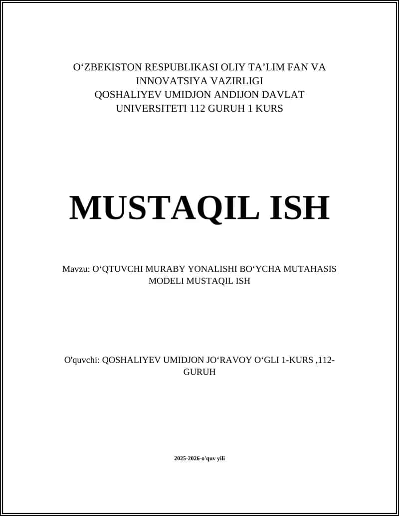 OʻQTUVCHI MURABY YONALISHI BOʻYCHA MUTAHASIS MODELI