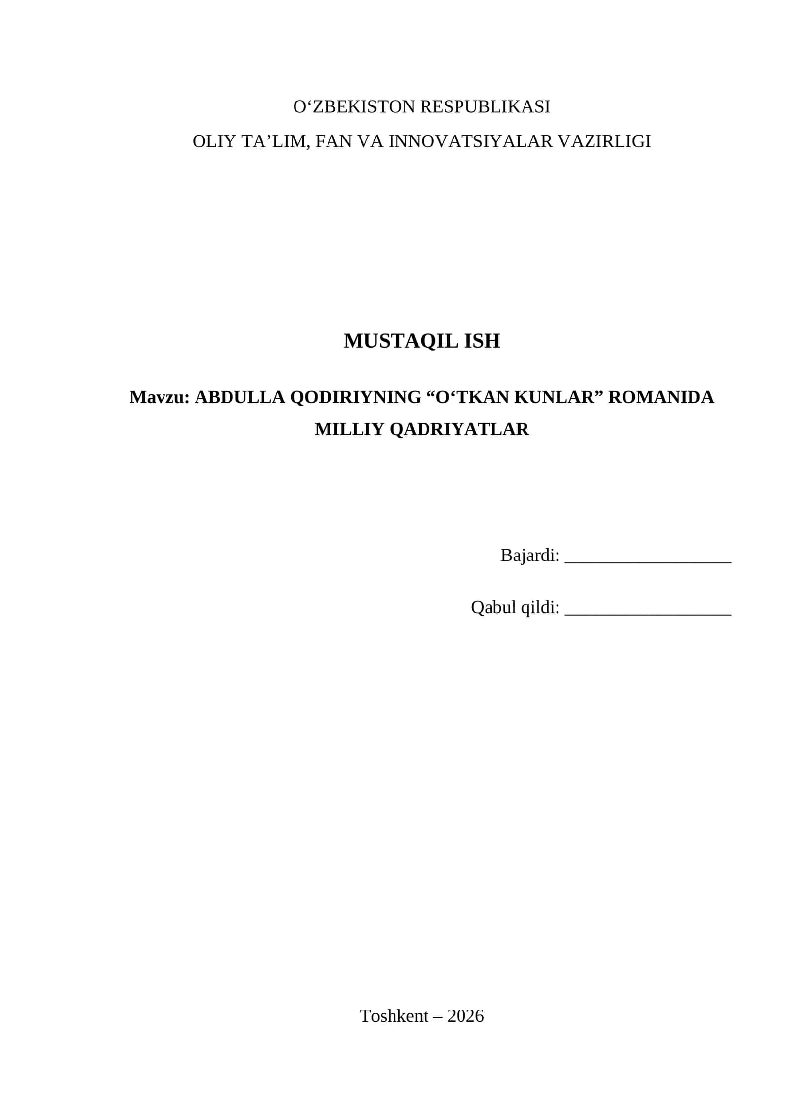 ABDULLA QODIRIYNING “O‘TKAN KUNLAR” ROMANIDA MILLIY QADRIYATLAR