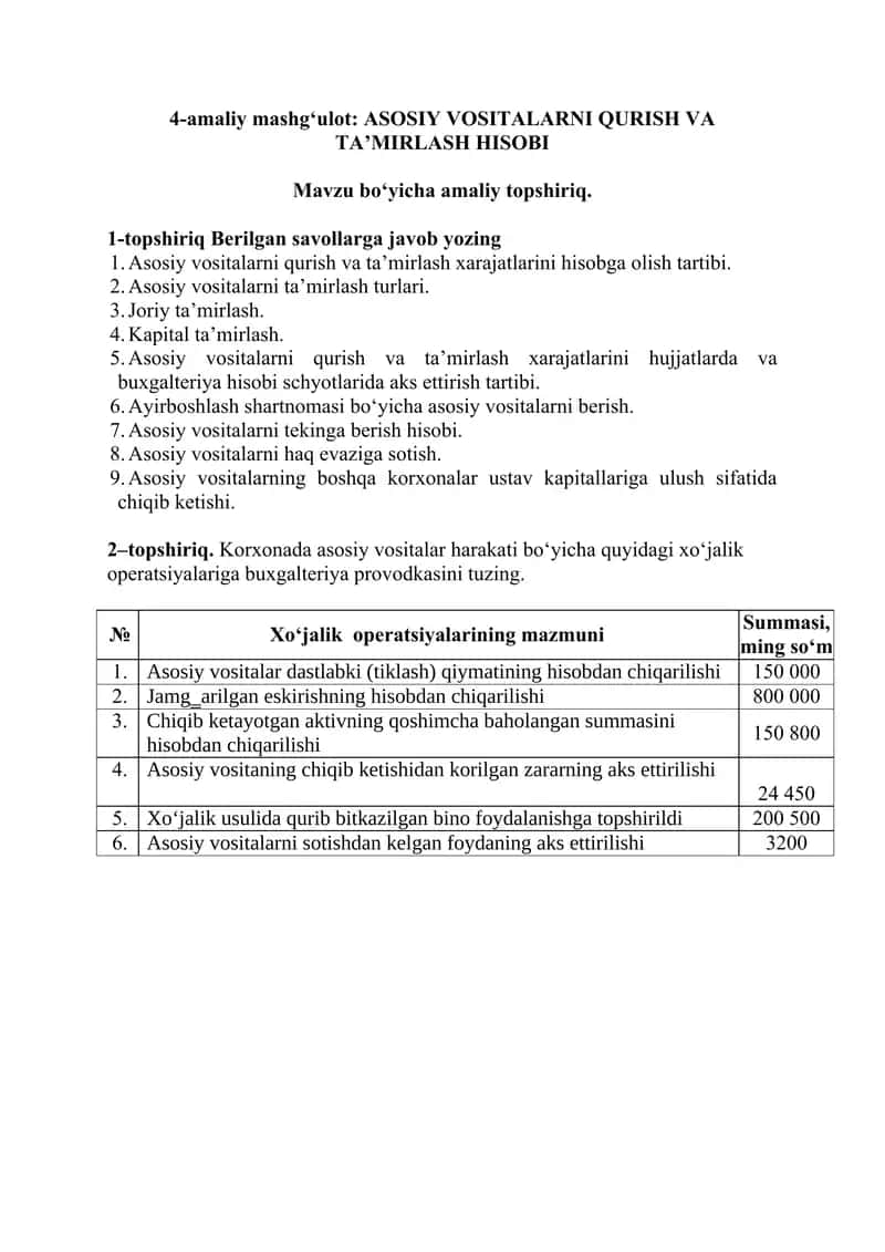 ASOSIY VOSITALARNI QURISH VA TA’MIRLASH HISOBI