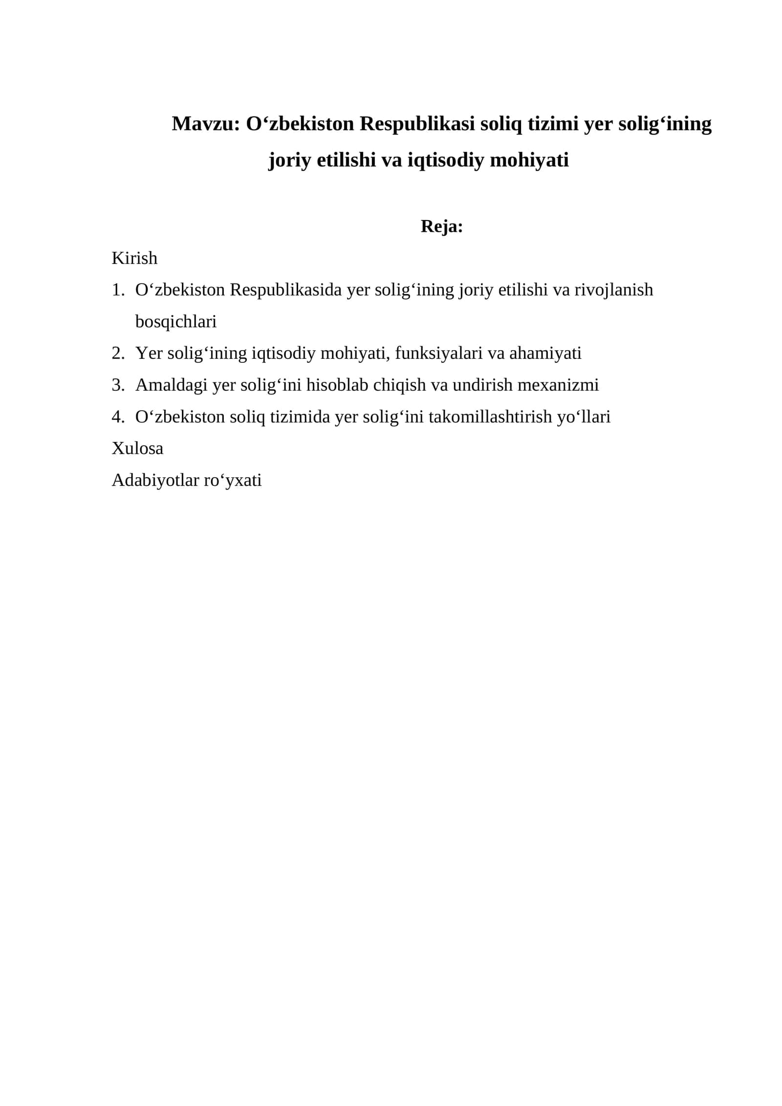 Oʻzbekiston Respublikasi soliq tizimi yer soligʻining joriy etilishi va iqtisodiy mohiyati