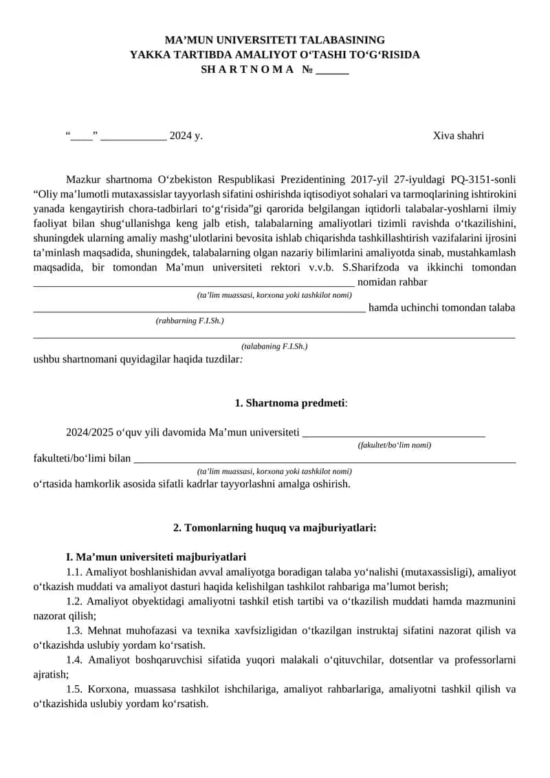 MA’MUN UNIVERSITETI TALABASINING YAKKA TARTIBDA AMALIYOT O‘TASHI TO‘G‘RISIDA