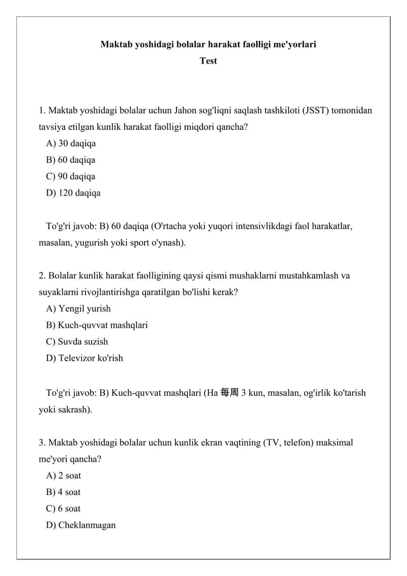 Maktab yoshidagi bolalar harakat faolligi me'yorlari test