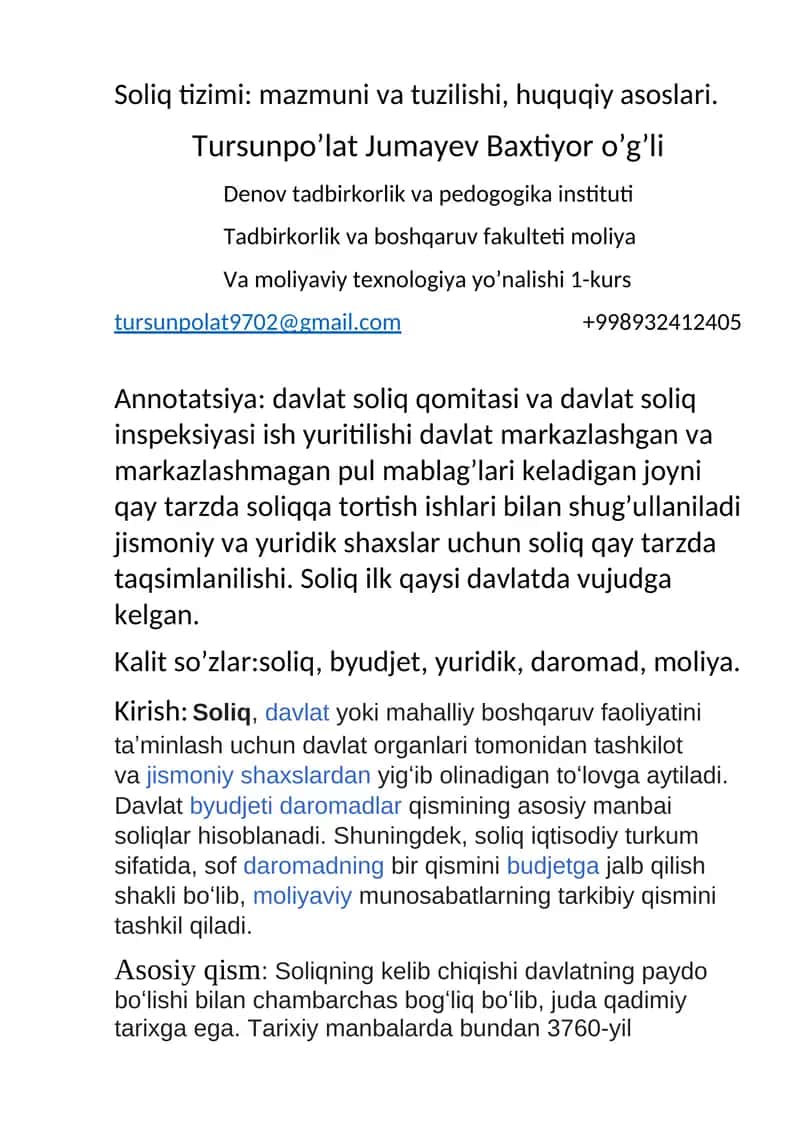 Soliq tizimi: mazmuni va tuzilishi, huquqiy asoslari