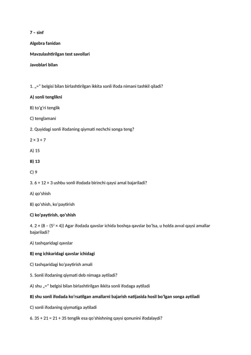 7 – sinf. Algebra fanidan Mavzulashtirilgan test savollari