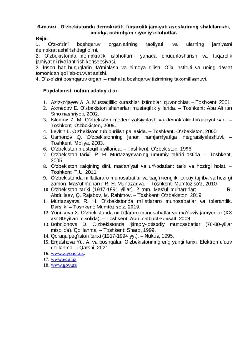 O‘zbekistonda demokratik islohotlar va fuqarolik jamiyatini rivojlantirish