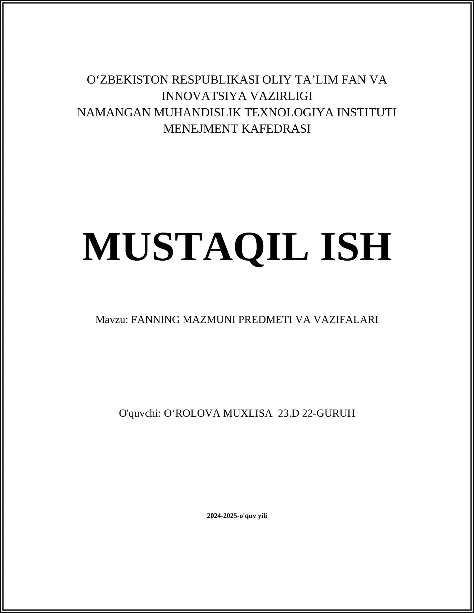 FANNING MAZMUNI PREDMETI VA VAZIFALARI