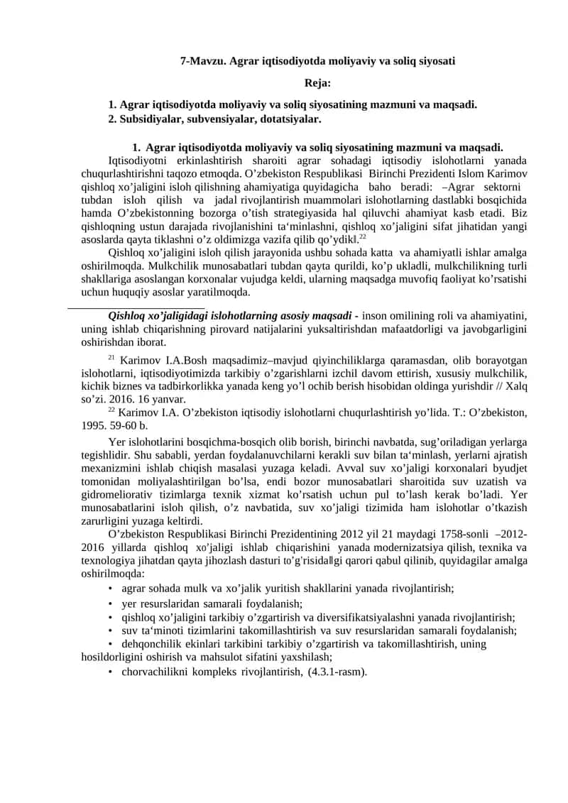 Agrar iqtisodiyotda moliyaviy va soliq siyosati