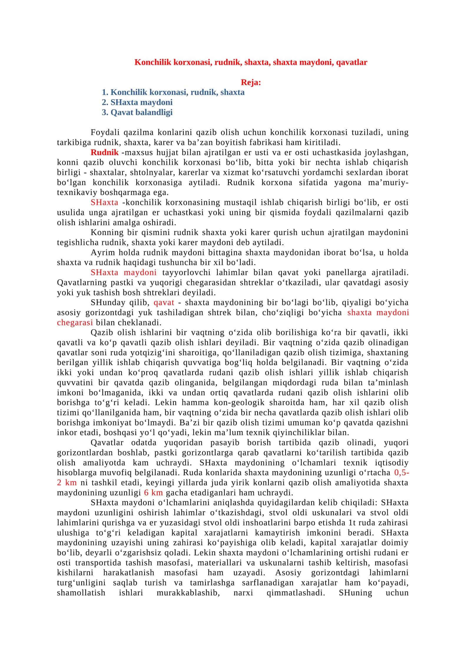 Konchilik korxonasi, rudnik, shaxta, shaxta maydoni, qavatlar