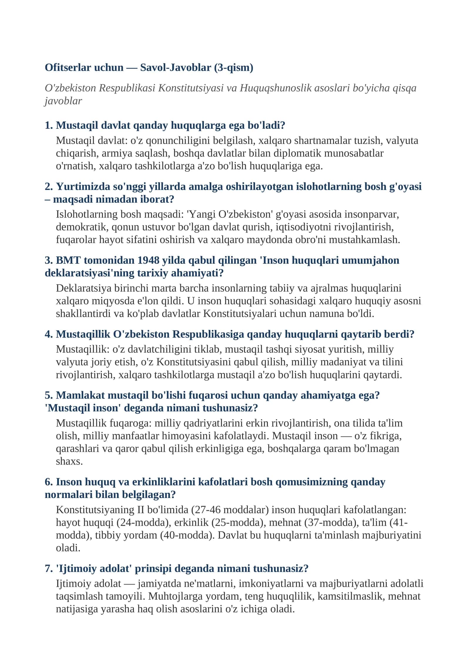 Ofitserlar uchun — Savol-Javoblar (3-qism)