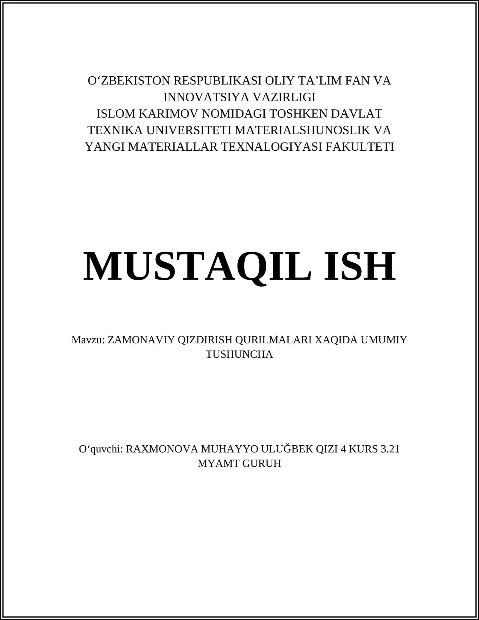 ZAMONAVIY QIZDIRISH QURILMALARI XAQIDA UMUMIY TUSHUNCHA