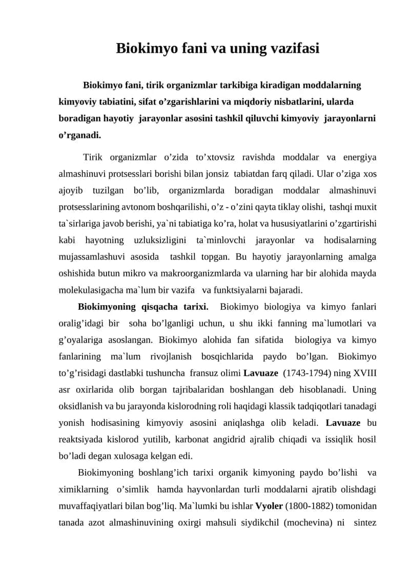 Biokimyo fani va uning vazifasi