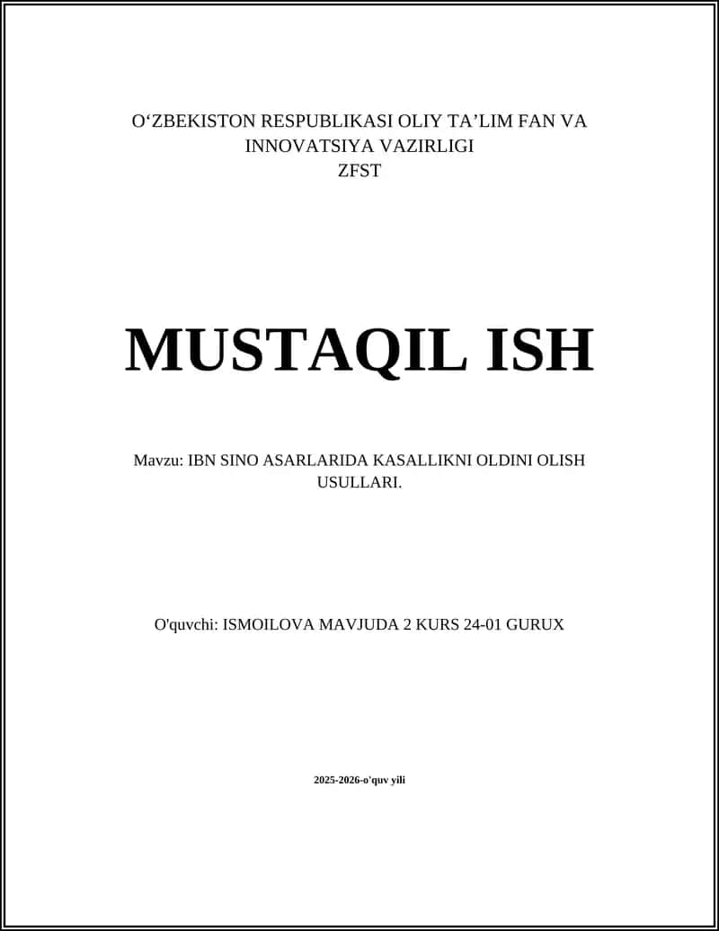 IBN SINO ASARLARIDA KASALLIKNI OLDINI OLISH USULLARI