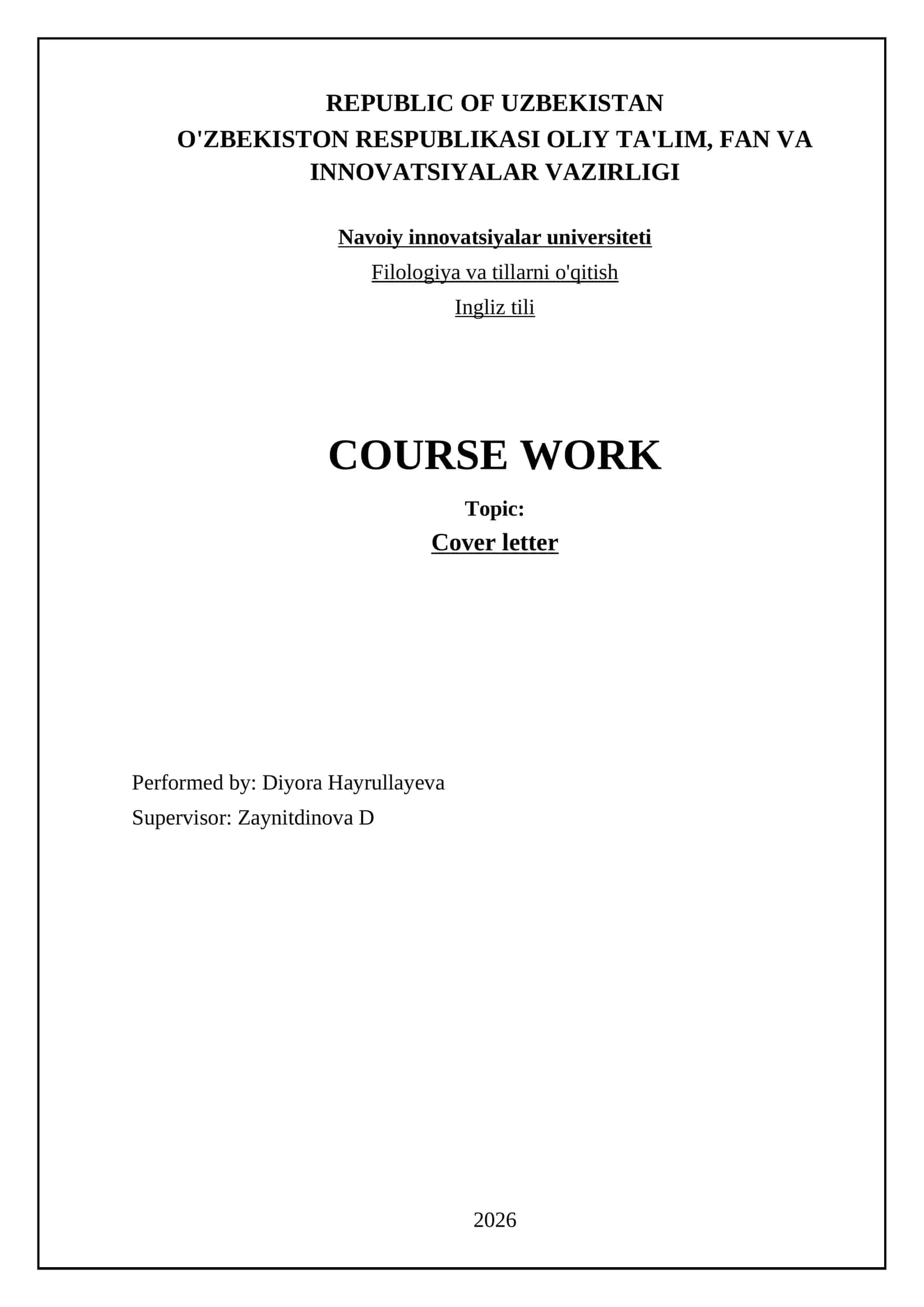 Cover letter kurs ishi