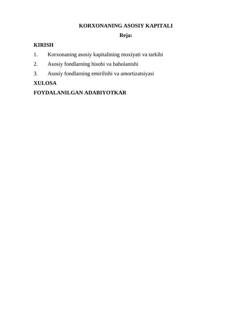 Korxonaning asosiy kapitali