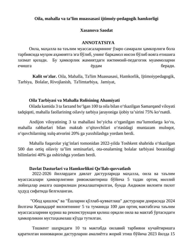 Oila, mahalla va ta’lim muassasasi ijtimoiy-pedagogik hamkorligi