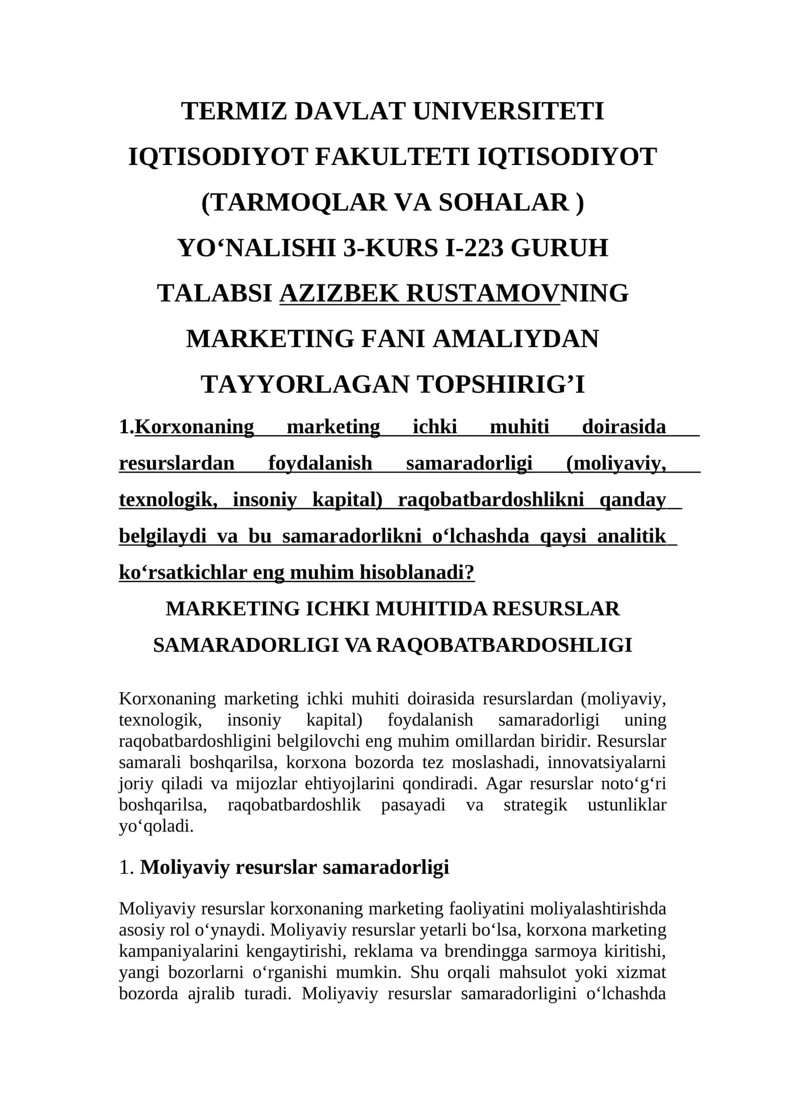 Marketing Fani Amaliydan Tayyorlagan Topshirig’i
