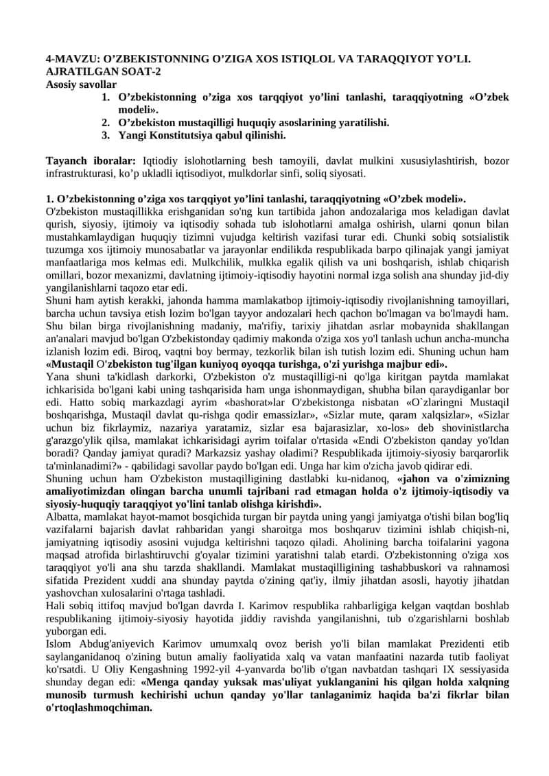 O’ZBEKISTONNING O’ZIGA XOS ISTIQLOL VA TARAQQIYOT YO’LI