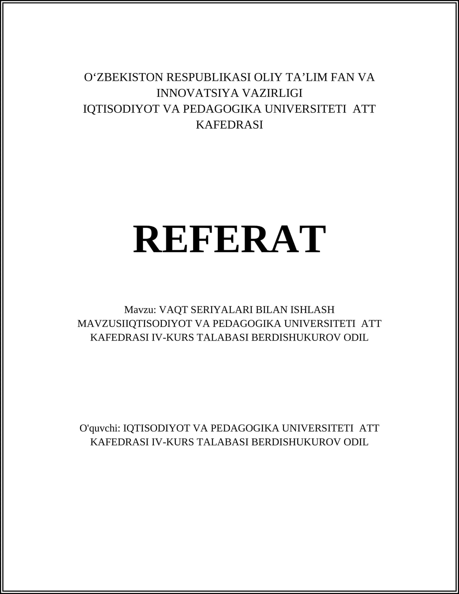 VAQT SERIYALARI BILAN ISHLASH MAVZUSI