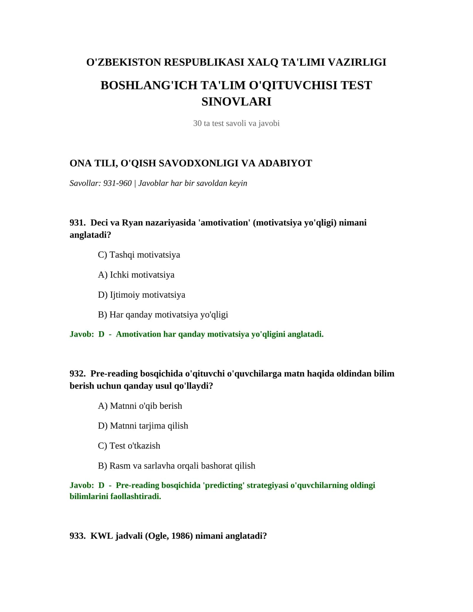 BOSHLANG'ICH TA'LIM O'QITUVCHISI TEST SINOVLARI