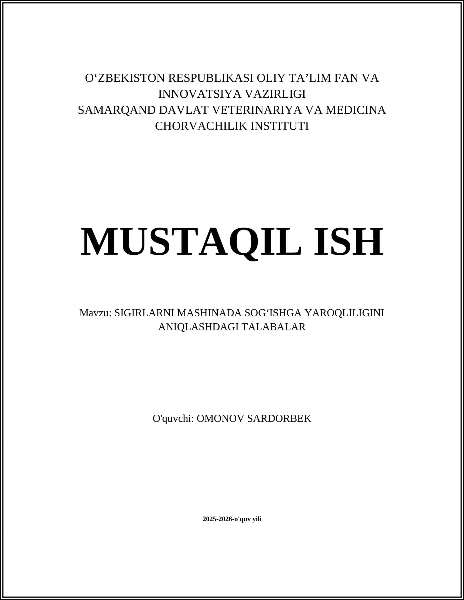 SIGIRLARNI MASHINADA SOGʻISHGA YAROQLILIGINI ANIQLASHDAGI TALABALAR