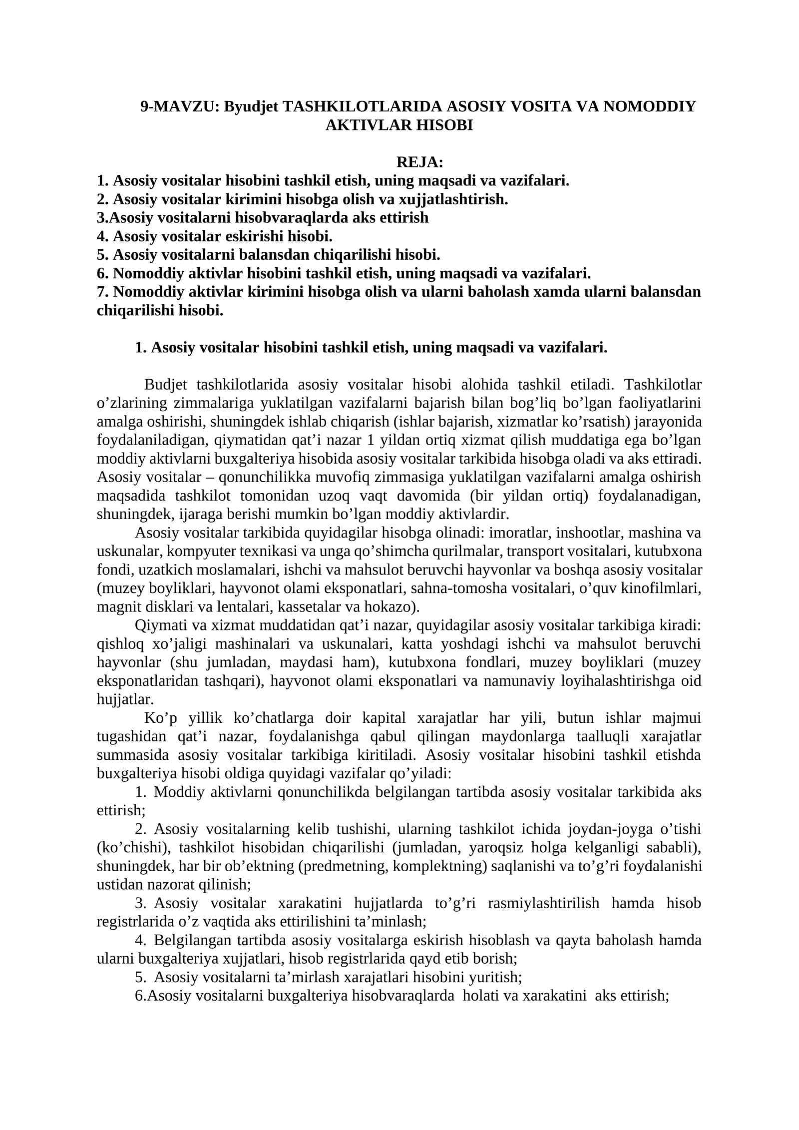 Byudjet TASHKILOTLARIDA ASOSIY VOSITA VA NOMODDIY AKTIVLAR HISOBI