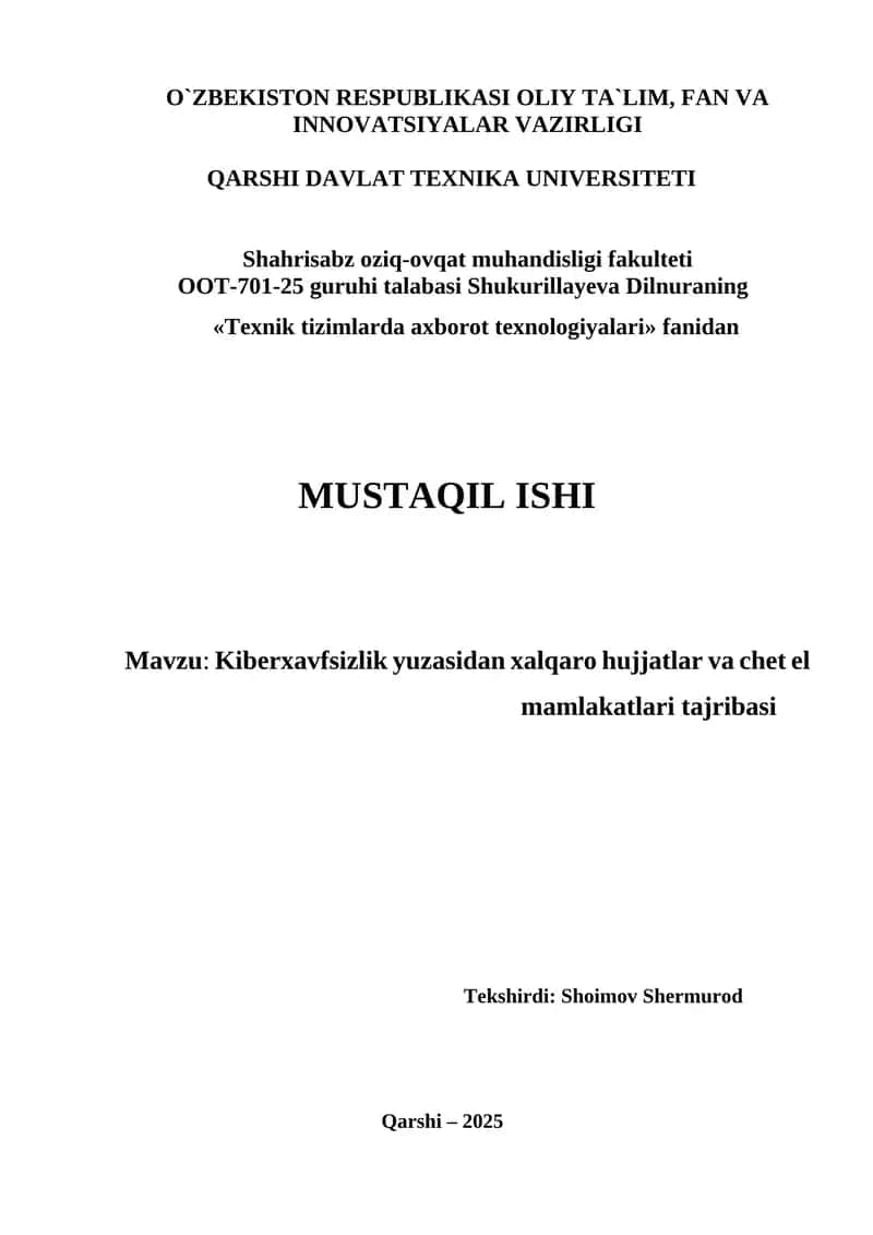 Kiberxavfsizlik yuzasidan xalqaro hujjatlar va chet el mamlakatlari tajribasi