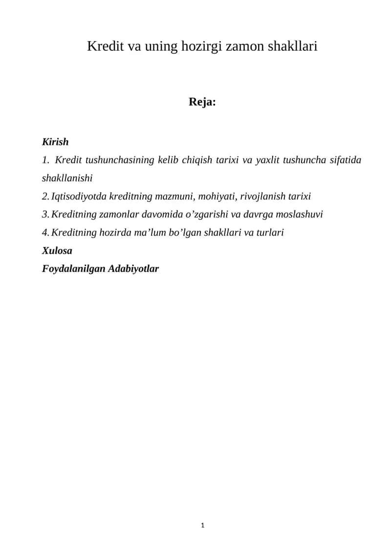 Kredit va uning hozirgi zamon shakllari