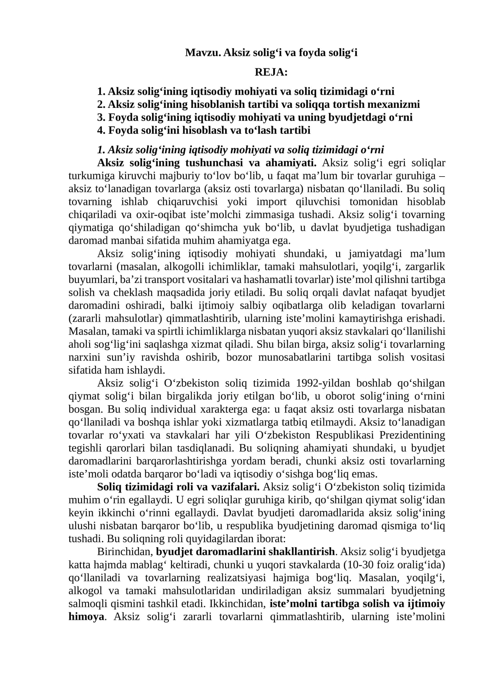 Aksiz solig‘i va foyda solig‘i