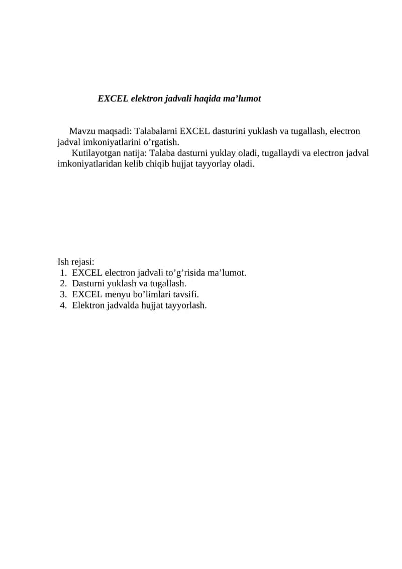 EXCEL elektron jadvali haqida ma’lumot