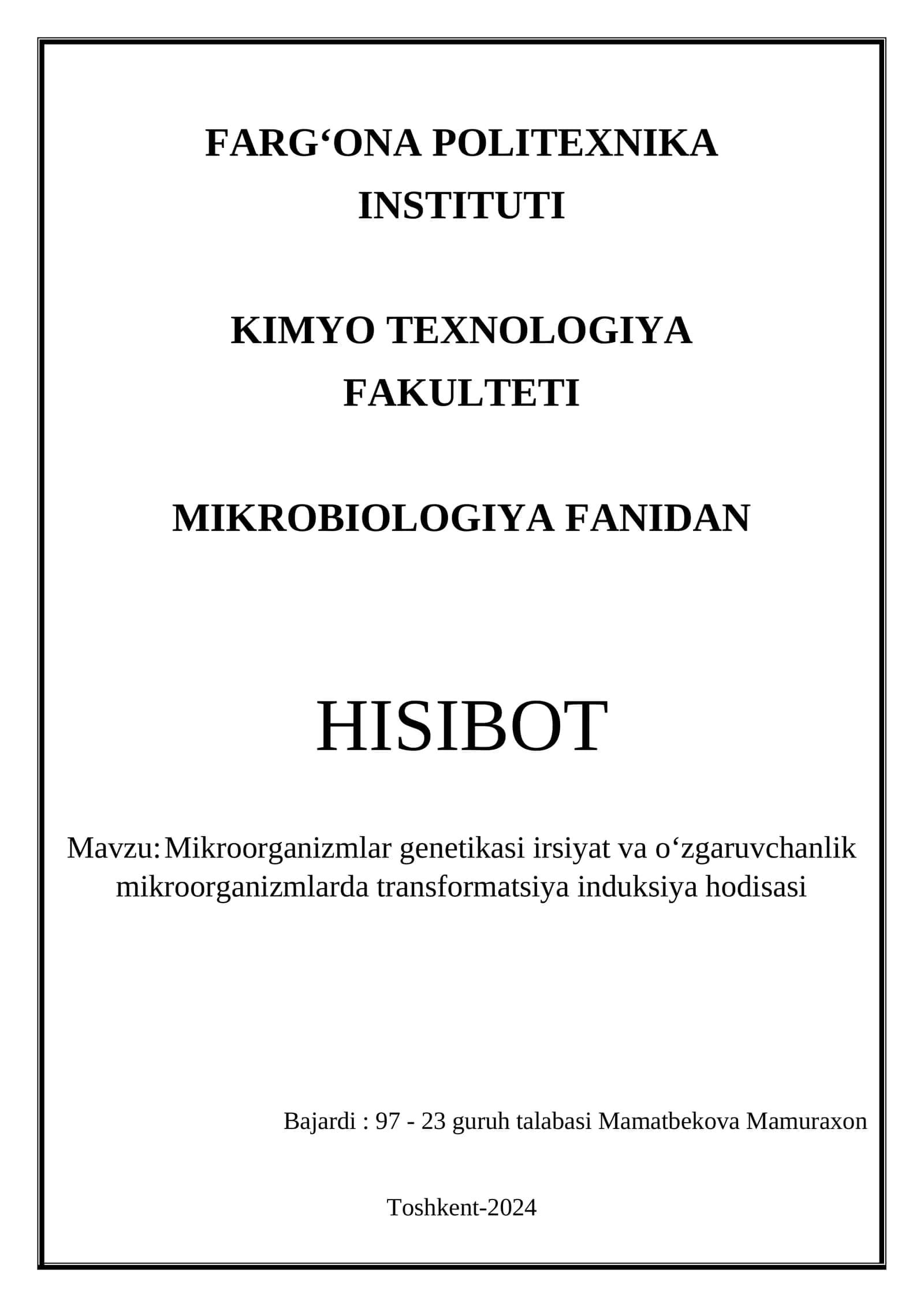 Mikroorganizmlar genetikasi irsiyat va oʻzgaruvchanlik mikroorganizmlarda transformatsiya induksiya hodisasi