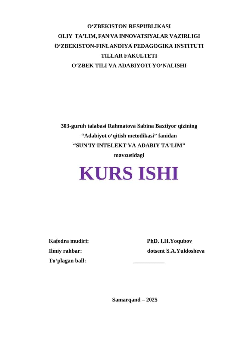 SUN’IY INTELEKT VA ADABIY TA’LIM KURS ISHI