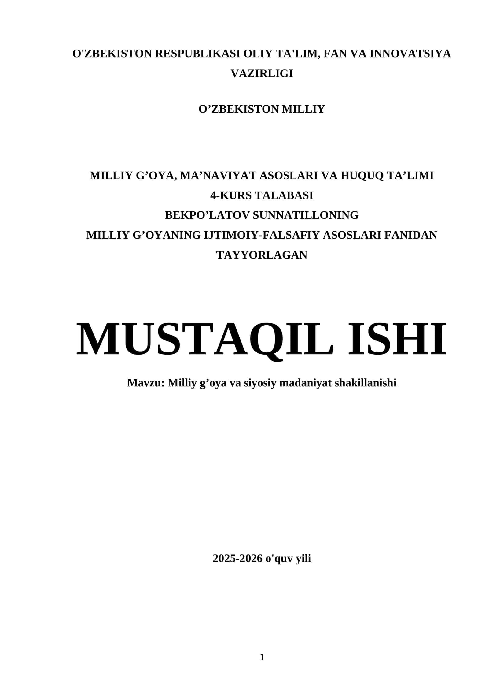 Milliy g’oya va siyosiy madaniyat shakillanishi