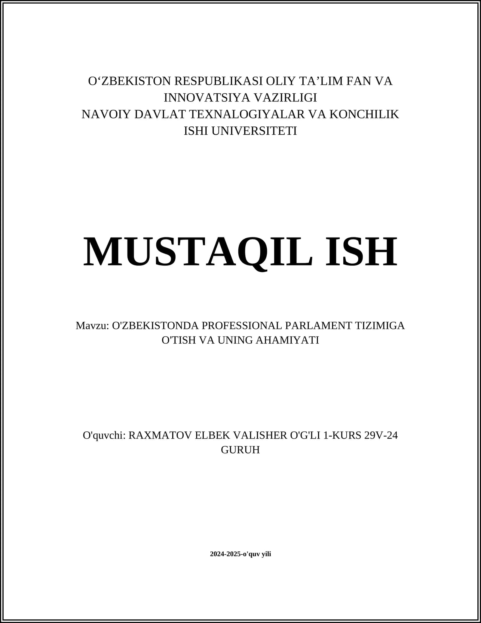 O'ZBEKISTONDA PROFESSIONAL PARLAMENT TIZIMIGA O'TISH VA UNING AHAMIYATI