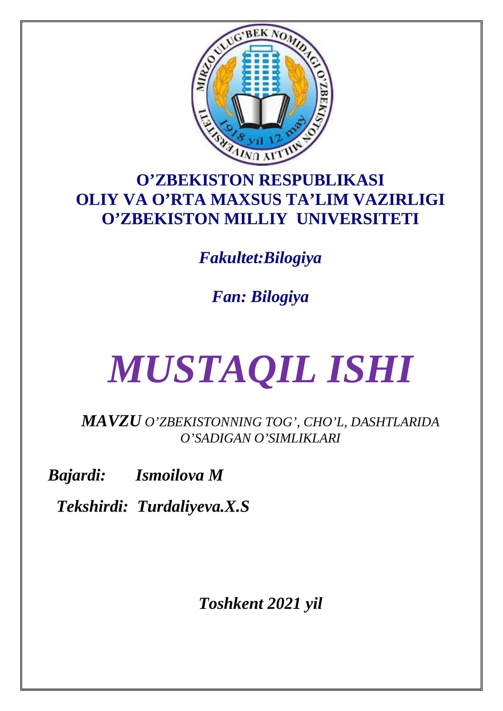 O’ZBEKISTONNING TOG’, CHO’L, DASHTLARIDA O’SADIGAN O’SIMLIKLARI