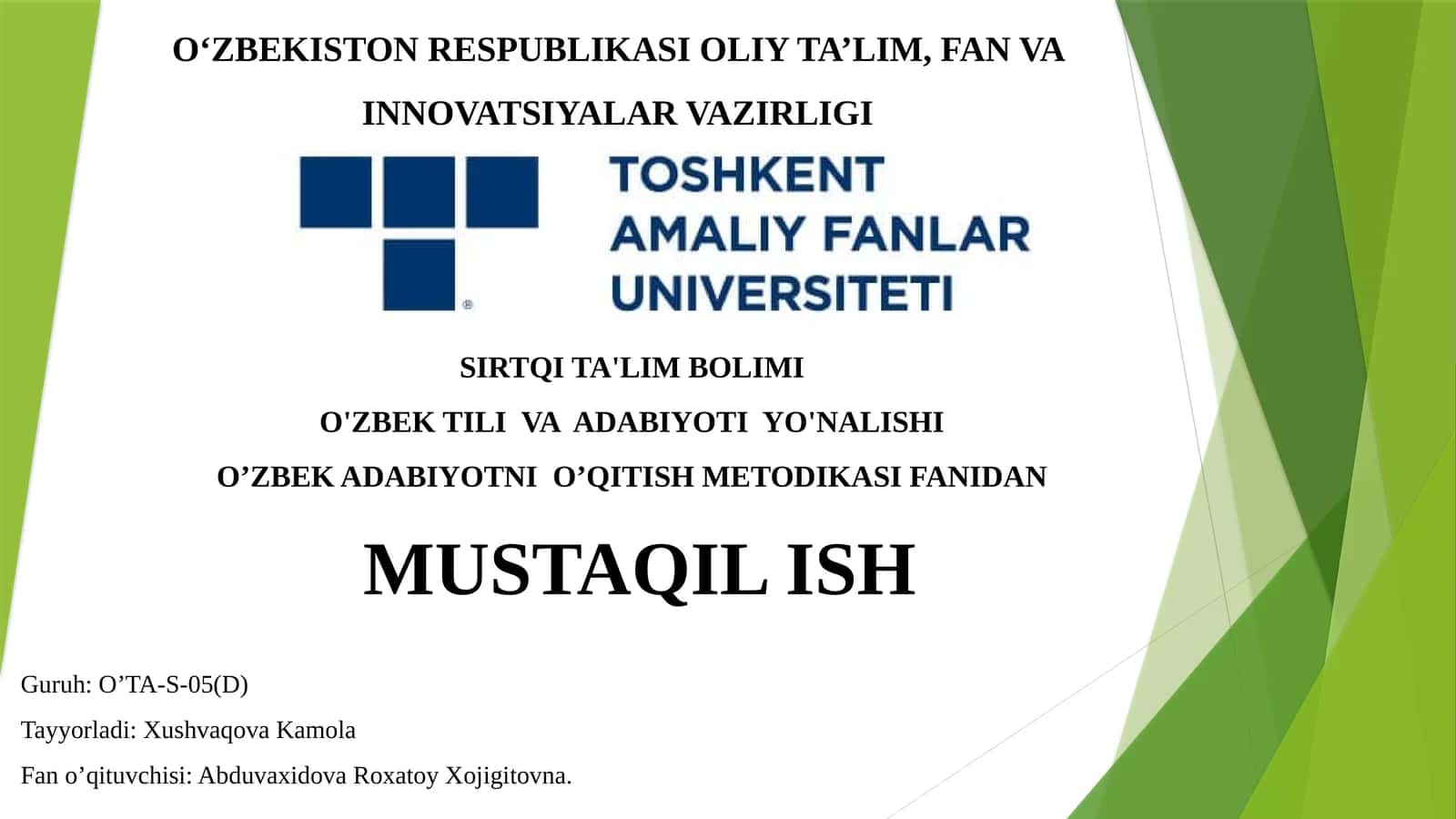 O’ZBEK ADABIYOTNI O’QITISH METODIKASI FANIDAN