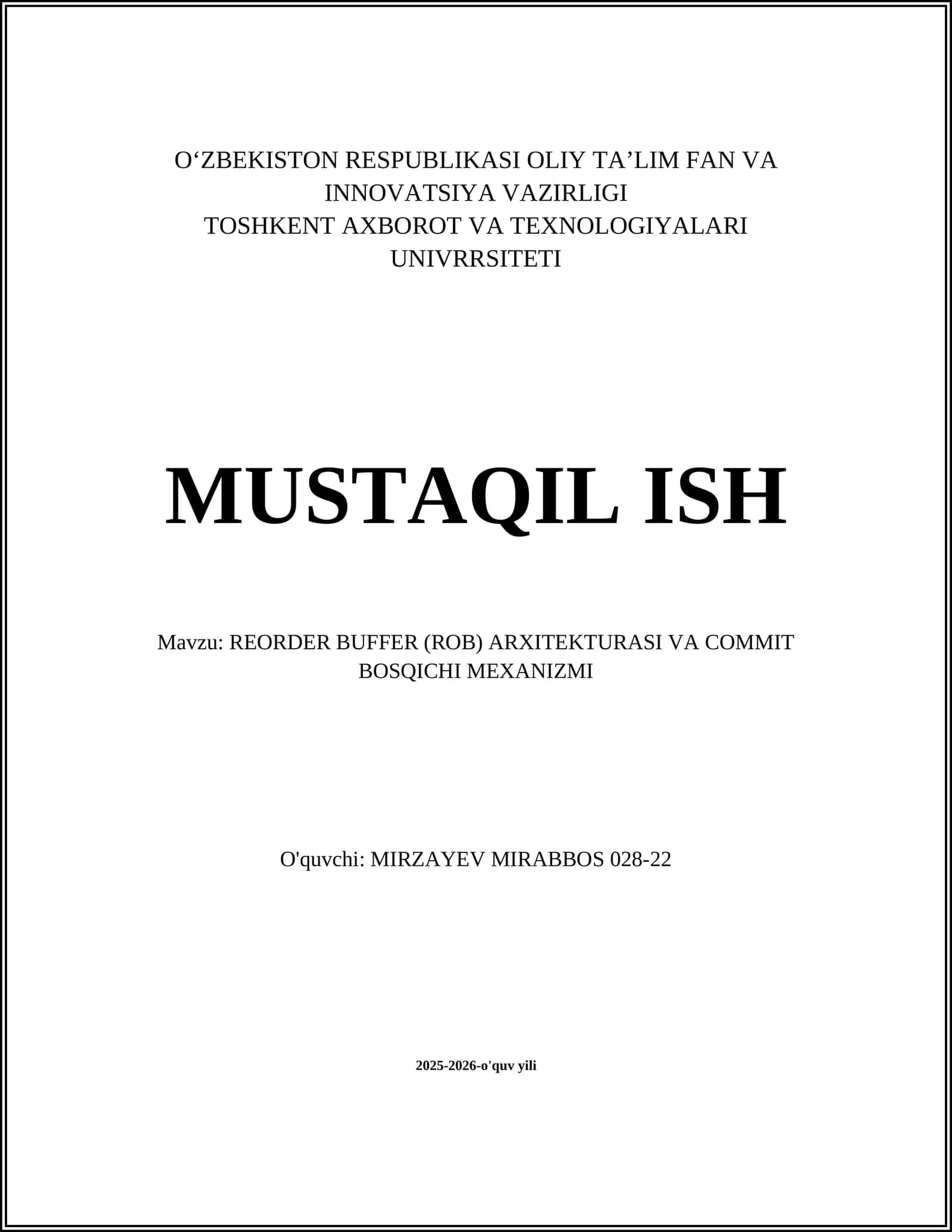REORDER BUFFER (ROB) ARXITEKTURASI VA COMMIT BOSQICHI MEXANIZMI