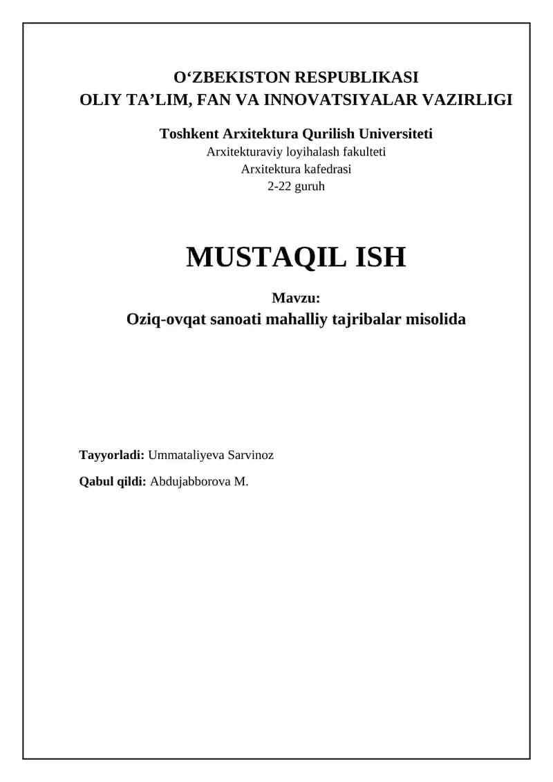 Oziq-ovqat sanoati mahalliy tajribalar misolida